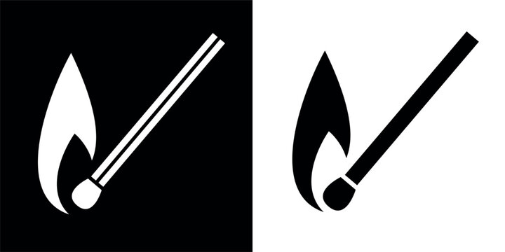 A burning match icon. Symbol of fire, conflagration, or bonfire. A symbol of a tourist, hunter, or soldier. A fire-starting element.