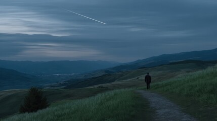 Fototapeta premium Serene Distant Figure on Hillside at Twilight with a Streaking Meteor Across the Sky