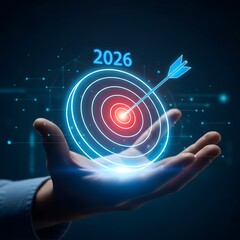 Fototapeta premium 2026 target vision with hand holding digital bullseye and arrow