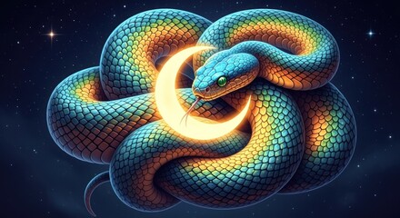 Fototapeta premium A vibrant rainbow snake coiled around a crescent moon, set against a starry night sky with a few distant stars.