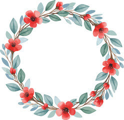 Fototapeta premium Watercolor floral wreath with red flowers and green leaves on white background