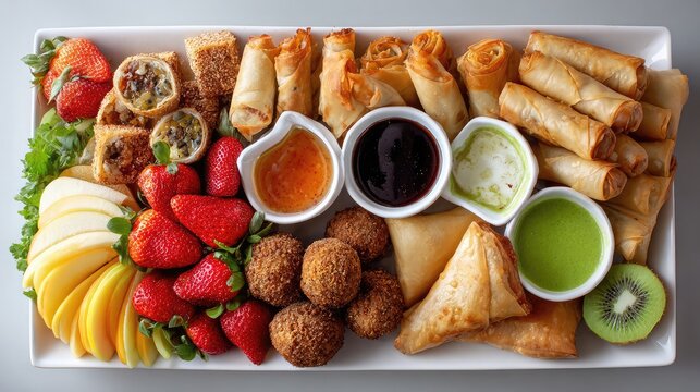 Assorted Appetizer Platter with Spring Rolls, Falafel, Fruits and Dips
