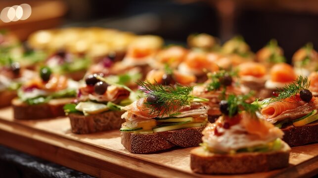 Delicious assorted canapes with fresh ingredients at catering event.