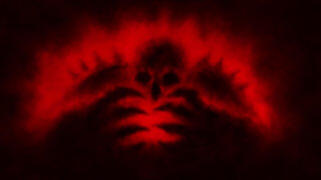 Dark horror 2D animation. Horror fantasy genre. Halloween ghost short animated movie. Scary thing silhouette in fog. Abstract Vj looped video clip.  Spooky visions of hell. Black and red background.