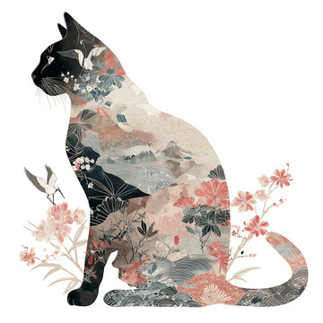 Japanese style cat silhouette with traditional floral pattern, wagara illustration, black cat silhouette with Mount Fuji and Japanese crane patterns, wagara art