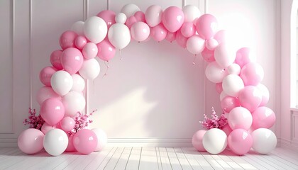 Balloon arch in pink and white, event backdrop, empty area for text