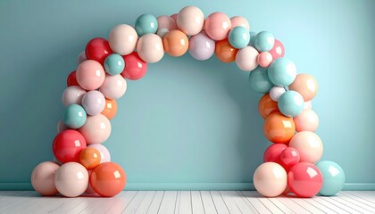Balloon arch on solid colored wall, event backdrop, clean central space