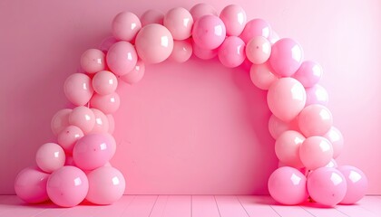Balloon arch over pink wall, flat lay top-down perspective, copy space