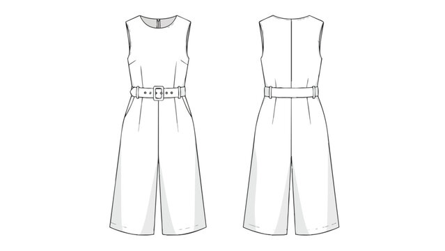 Sophisticated flat sketch of a sleeveless culotte jumpsuit with a belted waist, illustrating both front and back views for fashion pattern