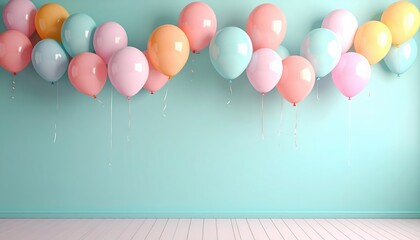 Balloon garland framing top of wall, soft pastel background, blank center