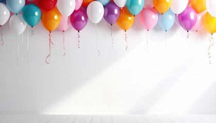 Balloon garland framing top of white backdrop, soft shadows, copy space