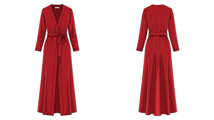 A digitally rendered vibrant crimson long-sleeved maxi wrap dress with graceful V-neck and adjustable tie-waist presented in both front and back views