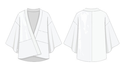 Technical flat sketch of an elegant oversized women's kimono style blouse, featuring precise front and back views for fashion design and pattern