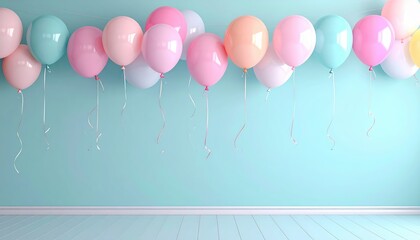 Balloon garland on soft pastel wall, space in middle for text or logo