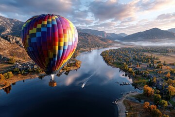 Fototapeta premium Colorful hot air balloon floats above river landscape at sunrise with mountains in background