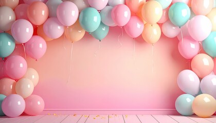 Balloon garland framing top of wall, soft pastel background, blank center