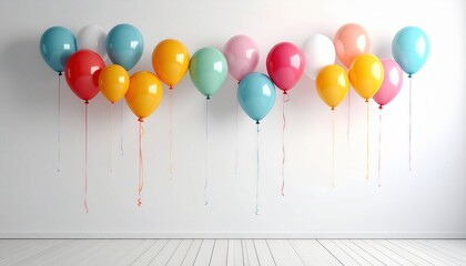 Balloon garland over white wall, minimal event backdrop, central empty area
