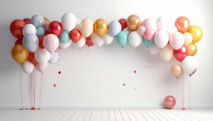 Balloon garland over white wall, minimal event backdrop, central empty area