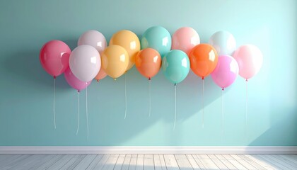 Balloon garland with gradient colors, minimal wall backdrop, empty center