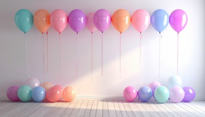 Balloon garland with gradient colors, minimal wall backdrop, empty center