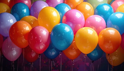 Colorful balloons arranged horizontally, backdrop for celebrations, copy space