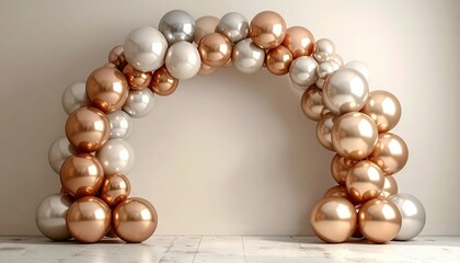 Metallic balloon arch over neutral wall, empty area for text