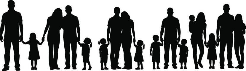 Family silhouettes standing together showing parents and children bonding, love and unity lifestyle illustration for parenting, community design use