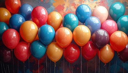 Colorful balloons arranged horizontally, backdrop for celebrations, copy space