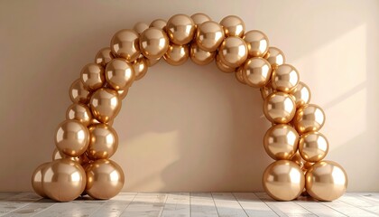 Metallic balloon arch over neutral wall, empty area for text