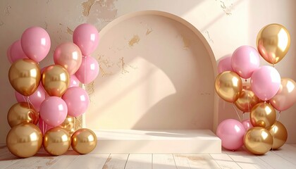 Gold and pink balloons on neutral wall, backdrop for party, blank center