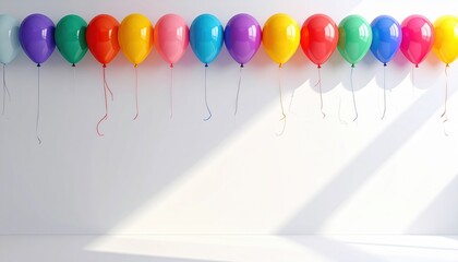 Rainbow balloon garland with soft shadows, copy space in middle