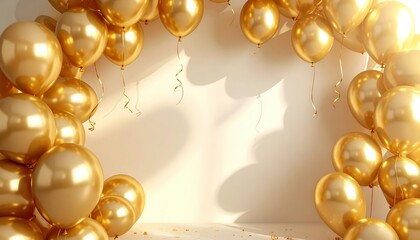 Party backdrop with golden balloons, soft shadows, blank space in middle