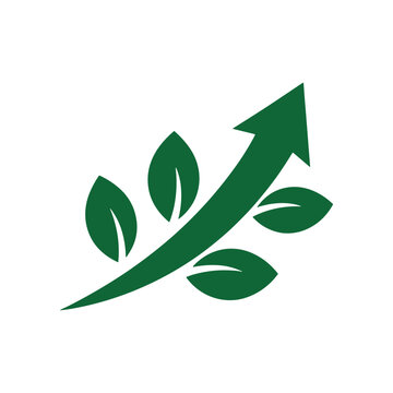Green arrow with leaves pointing upwards growth