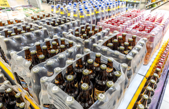 Bottled Zhigulevskoe beer sale at the superstore. Various alcoholic beverages and spirit drinks