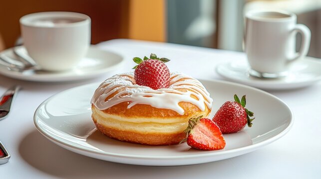 Delicious Strawberry Donut with Icing on a White Plate