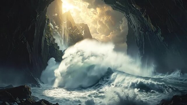 Dramatic seascape featuring powerful waves crashing against y cliffs under a cloudy sky.