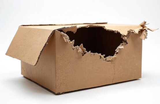 Torn open brown cardboard box with ripped edges and crushed corners on white background. Damaged container indicates delivery problems, bad shipping conditions, or mishandling during transit, loss.
