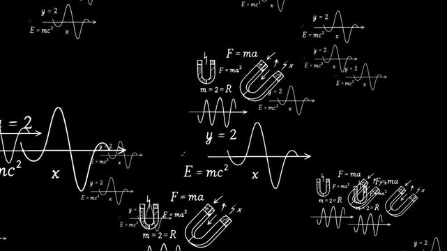 Mathematical and physics formulas on black background, for educational concept, 4k video