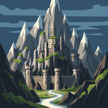 Majestic Fantasy Castle in Towering Snow-Capped Mountains with Winding River, Dramatic Valley Landscape Illustration