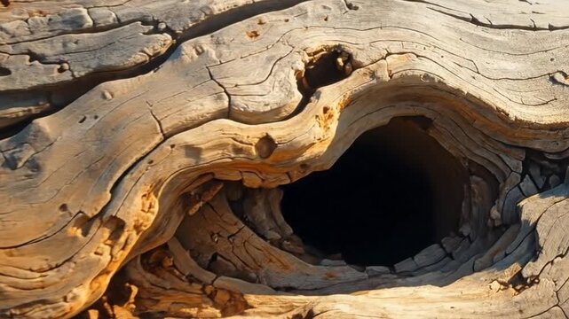 Close-up of weathered driftwood with intricate patterns and a natural hole.