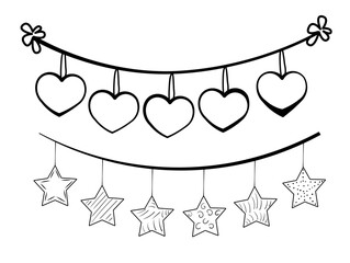 Hand drawn decorative garland with hanging heart and star ornaments in black outline style.