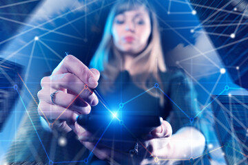 Digital data analysis uses a smartphone interface to interact with connected networks. Information processing and technology management by a professional. Innovation and data-driven solutions.