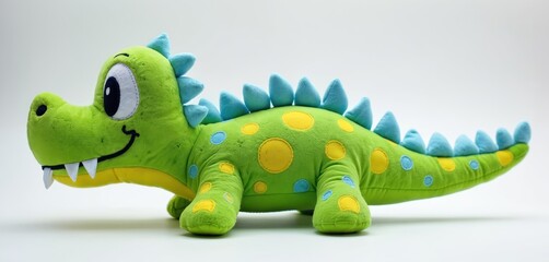 Fototapeta premium Green plush crocodile toy with blue spikes and yellow spots. This cute stuffed animal has big eyes and a friendly smile. It is a fun character for kids.
