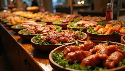 Obraz premium Assortment of cooked meat dishes and sides arranged in bowls on a wooden table. Various types of food, including chicken, pork, and vegetables, are ready for serving at a self-service eatery.