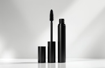 Obraz premium Black mascara tube and wand stand ready. Minimalistic beauty product display. Clean background highlights cosmetic item. Elegant makeup essential for lashes.