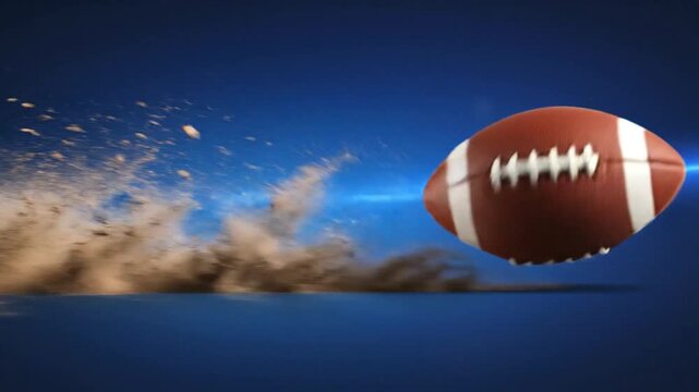 American football soars through the air with dynamic speed and energy.