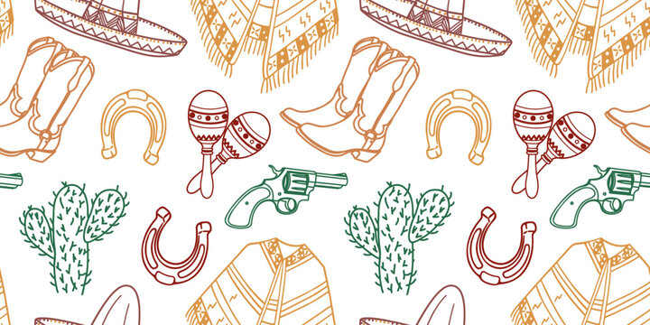 Seamless pattern with mexican symbols  sombrero, guitar, cactus, horseshoe.
