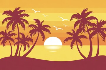 Obraz premium Tropical sunset over calm seas with palm trees