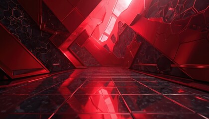 Fototapeta premium Futuristic red interior with geometric shapes. Shiny tiled floor reflects bright light. Abstract sci fi tunnel passage. Dark hexagon pattern on walls. Modern high tech architecture.
