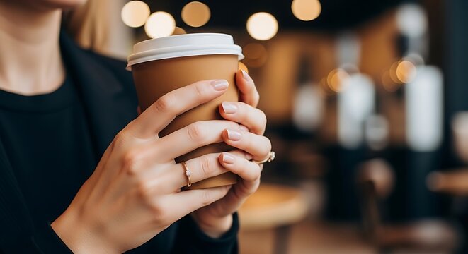 Woman holding a warm disposable coffee cup in her hands indoors with bokeh lights